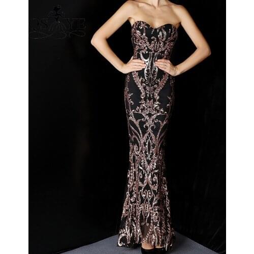 Black Evening Dress Golden Sequin Lace Prom Gown Glitter Shiny Sweetheart Mermaid Party Dress Strapless Off Shoulder Formal Gown