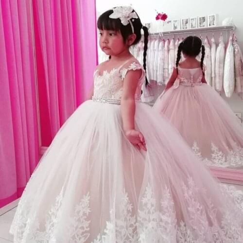 Custom Baby Girl Long Lace Princess Cap Sleeves Flower Girl Dress Girls First Communication Dress 2021 with Pearls Sash