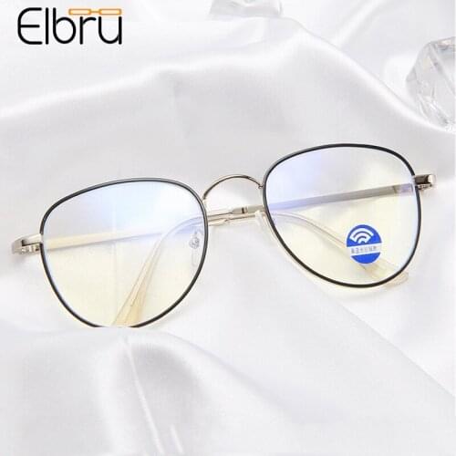 Elbru Oval Metal Anti Blue Light Glasses Frame Student Computer Goggles Fashion Plain Eyeglasses Men Women Optical Spectacles