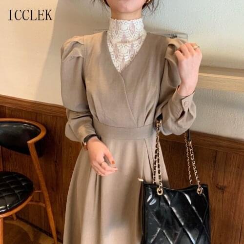 Korean One-Piece Lace Stitching Turtleneck Puff Sleeve Dress Female 2021 Winter New Vintage Fake Two Casual Dresses Midi Dress