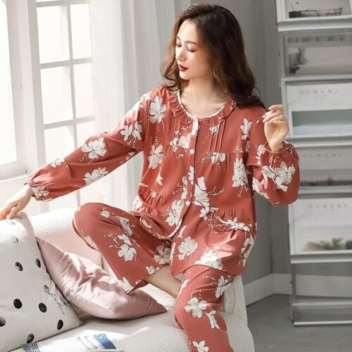 Fashion Long Sleeve Pajamas Autumn 100% Cotton Long Sleeve Trousers Suit Printing Fashion Pyjamas Set Lounge Sets