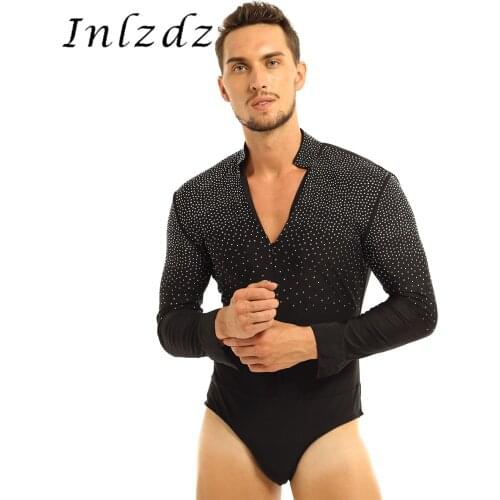 Mens Latin Tango Rumba Dance Shirt Shiny Rhinestones V-neck Stand Collar Long Sleeve Ballroom Leotard Bodysuit Shirt Tops