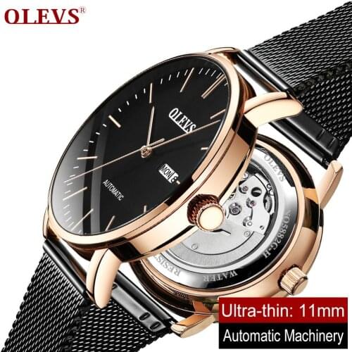 Mens Automatic Watch Mechanical Table Ultrathin Dial Elegant Design Minimalist Automatic Date Waterproof Rose Gold Case