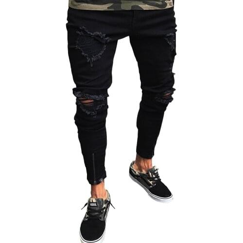 Mens style ripped jeans super cool Japanese and Korean jeans stretch slim fit black