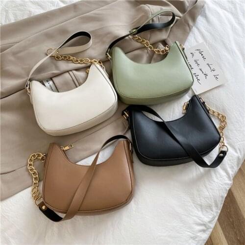 Soft Womens Bag PU Leather Shoulder Saddle Bag Solid Color Chain Handbag New Elegant Small Top-Handle Bag Hobos Shopper Purse