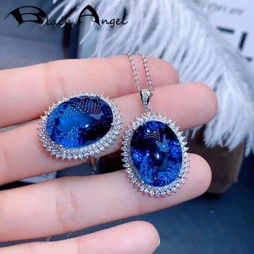 New Romantic Oval Shape Big Sapphire Jewelry Set CZ For Women Pave Gemstone CZ Pendant Necklace Ring Girlfriend Wedding Gift