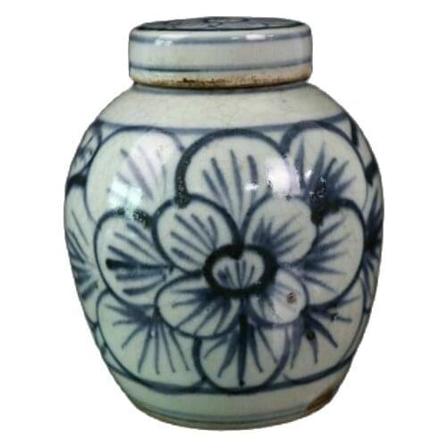 Chinese Old Porcelain Cracked Blue And White Flower Pattern Lid Jar Receiving Tank