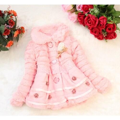 Autumn Winter Baby Girls Fur Warm Coat Kids Clothing With Pearl Lace Flower Wear Clothes Children Faux Fur Dress Jacket Outwear