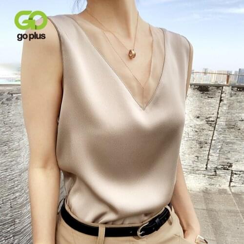 GOPLUS Tops Women Summer V-Neck Chiffon Tank Top Korean Fashion Plus Size Satin White Black Tanks Haut Tee Shirt Femme C11173