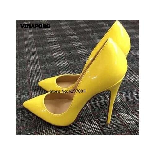 Sexy Pointed toe Yellow Patent Leather High Heel Shoes Woman Pumps Slip-on Stiletto Heels stiletto heels Shoe Party Wedding Shoe