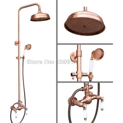 8" Shower Head Wall Mounted Bathroom Antique Red Copper Rain Shower Faucet Set / Dual Handles Mixer Tap + Hand Spray Wrg584