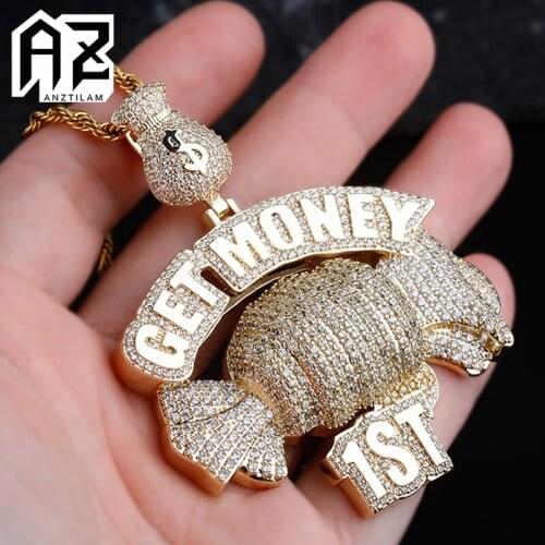 AZ Hip Hop Get Money First Letters Pendants Necklace Paved AAA+ Cubic Zircon Stone Bling Iced Out Necklace For Men Women