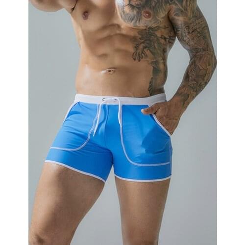 New trendy Side pocket mens quick drying boxer swimming shorts solid color beach seaside swimming trunks sunga masculina
