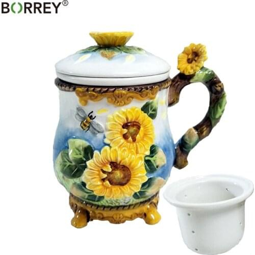 BORREY 3D Three-Dimensional Ceramic Sunflower Water Mug With Flter Tea Cup Office Coffee Breakfast Cup Teapot Christmas Gift