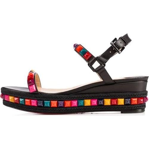 Carpaton Colorful Rivets Studded Women Sandals Summer Open Toe Ankle Strap Wedge Shoes Sexy Cutouts Dress Shoes