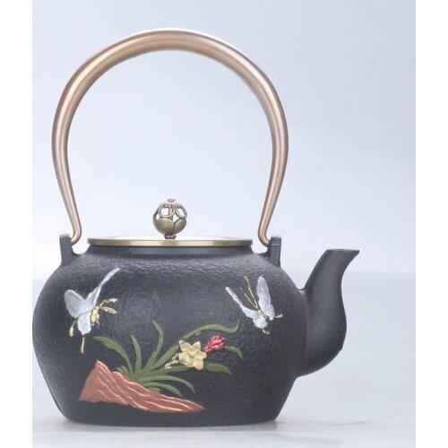 Cast iron pot oxidation film process orchid butterfly double copper drawing tea pot boiling water kettle teapot tea set 1.3L