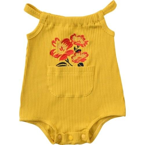 Baby Romper, Flower Embroidery U-Neck Sleeveless Bodysuit with Pocket for Summer, Yellow, 0-12 Months