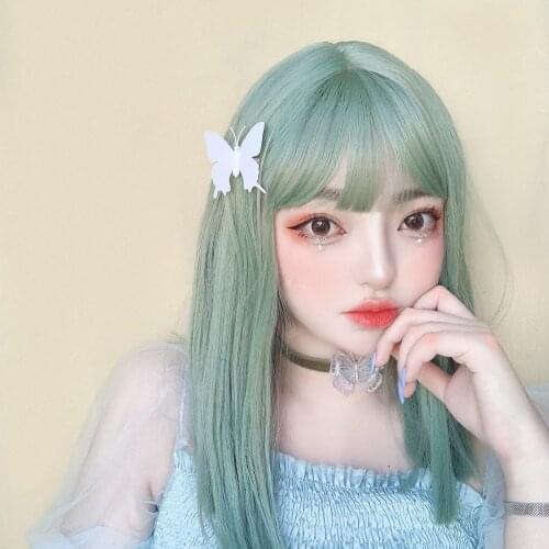 The Girls' Middle School Long Hair Lolita Clavicle Hair Color Short Hair round Face Red Lolita wig Fake Beans Gray-Green