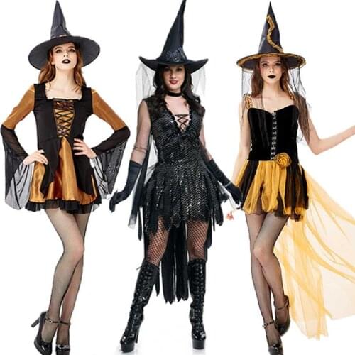 Fantasia Adult Witch Cosplay Costumes Carnival Halloween Party Sexy Women Witch Dress + Hat Suits Lady Clothes E63K73
