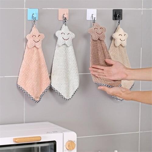 Cute Star Smiling Face Hanging Hand Washing Towel Absorbent Coral Flannel Kitchen Towel Easy To Clean Bathroom Hanging Towel 1PC