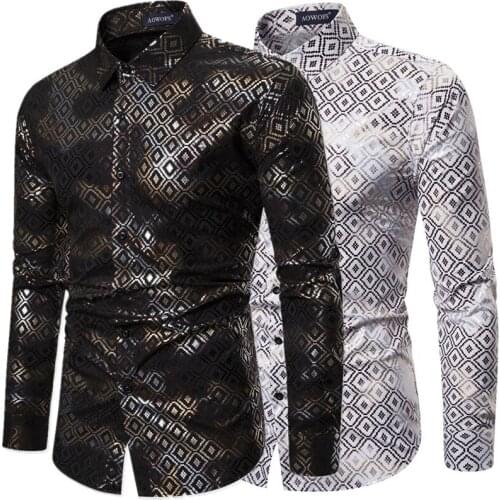 Spring and Autumn 2021 Small Check Design Gold Stamping Printed Stretch Mens Long Sleeve Shirt