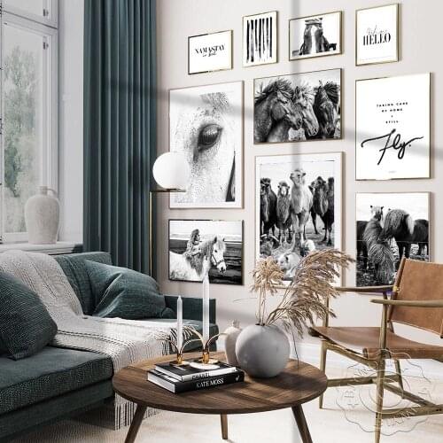 Nordic Canvas Painting Animal Wall Art Horse Alpaca Posters and Prints Black White Woman Wall Picture for Living Room Home Decor