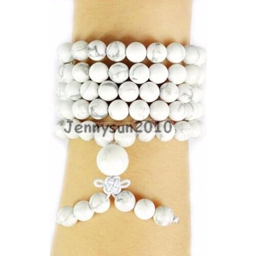 Natural White Howtite 8mm Gem Stone Buddhist 108 Beads Prayer Mala Multi-Purpose Stretchy Bracelet Necklace 2Strands/Pack