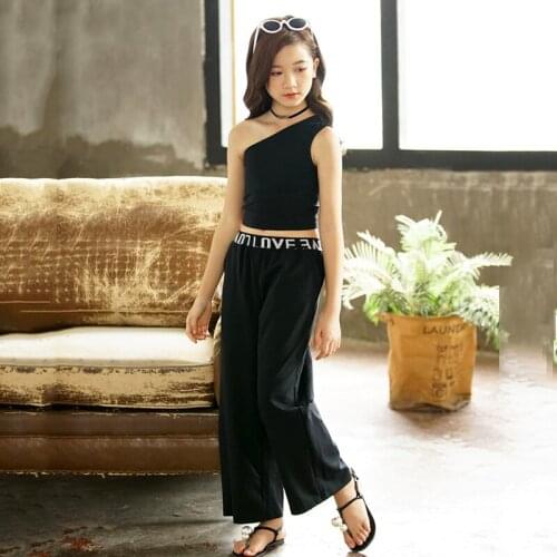 New Teen Girls Summer Clothes Set Personality Casual T-shirt and Stripe Wide Leg Pants Set Kids Girls Sport Two Piece Set, #8811