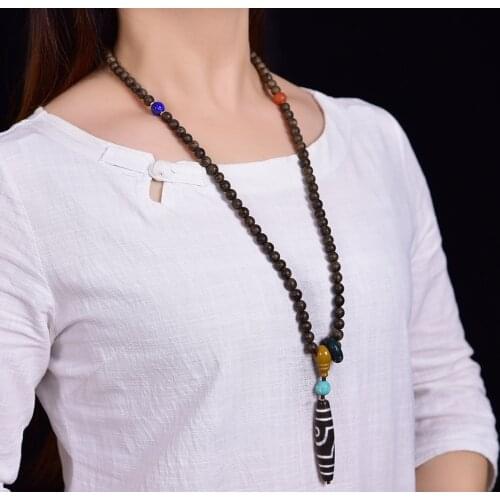 Wholesale Natural Dzi Pendant Necklace Sweater Chain Rare Red Agate Turquoise Aquilaria Wooden Bead New Tibetan Jewelry