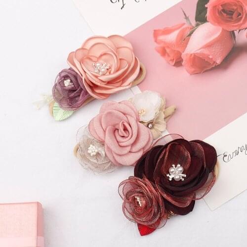 3Pcs Sweet Baby Flower Headbands Artificial Mesh Silk Floral Pearl Hair Bands For Baby Girls Rose Wedding Hair Accessories