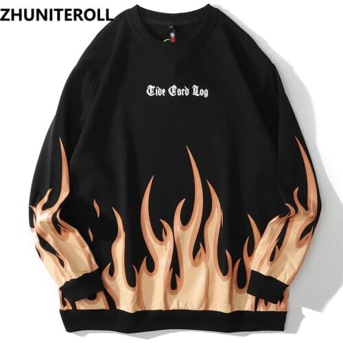 Men Hip Hop Sweatshirt Yellow Fire Flame Streetwear Harajuku Pullover Cotton Autumn 2021 Loose Sweat Shirt Hoodie Black Tops