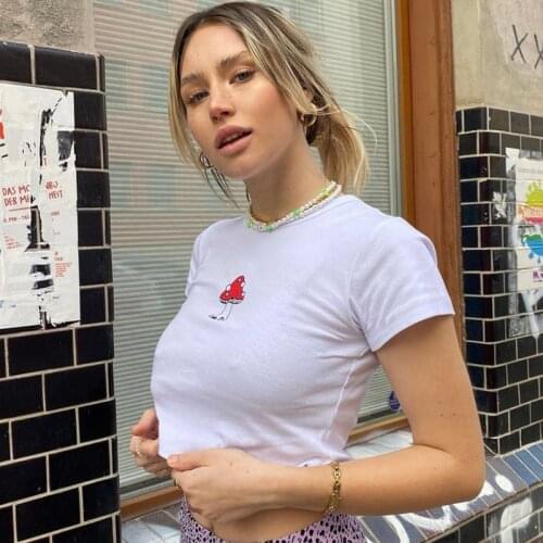 Y2K cute cartoon Short T-shirt Harajuku kawaii casual crop top Ulzzang Slim summer womens T-shirt Aesthetics Mushroom Print tee