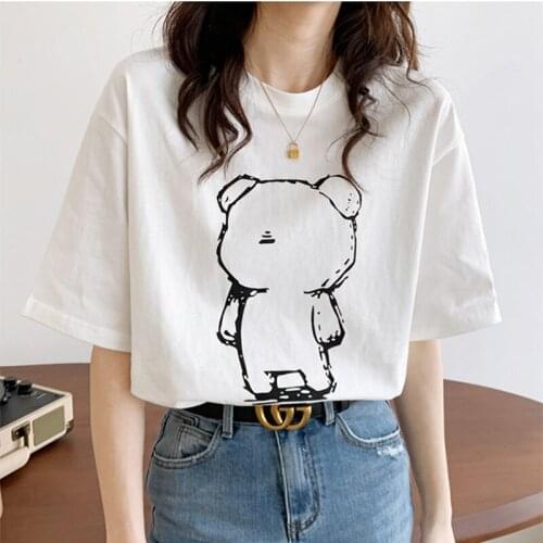 2021 Summer Tees Funny Embroidery Cat T Shirt Women Korean Fashion Tshirt Girls Short Sleeve Tee Shirt Femme Tops White Y2K