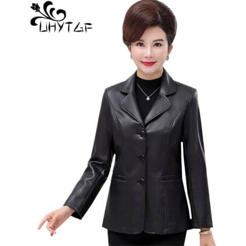 UHYTGF Women leather jacket Casual short 6XL plus size tops coat quality autumn winter leather jacket Female jaqueta de couro842