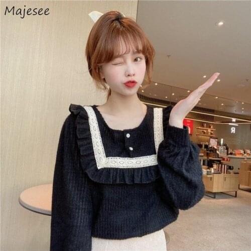 Shirts Women Ruffles O-neck Lantern Sleeve Patchwork Vintage Elegant Sweet Ladies Tops Korean Style Simple Design Fashion Daily