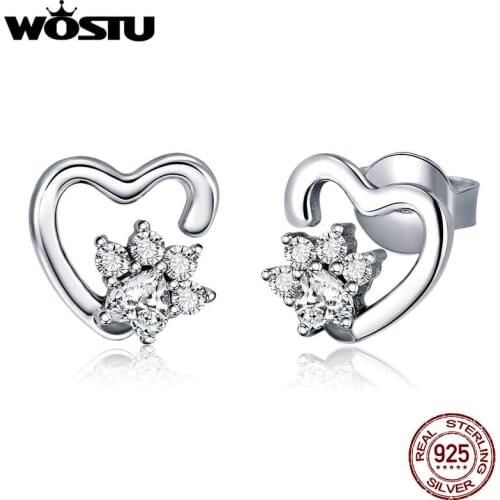 WOSTU 100% 925 Sterling Silver Clear CZ Heart Stud Earrings For Women Fashion Sterling Silver Jewelry Making Gift BKE415