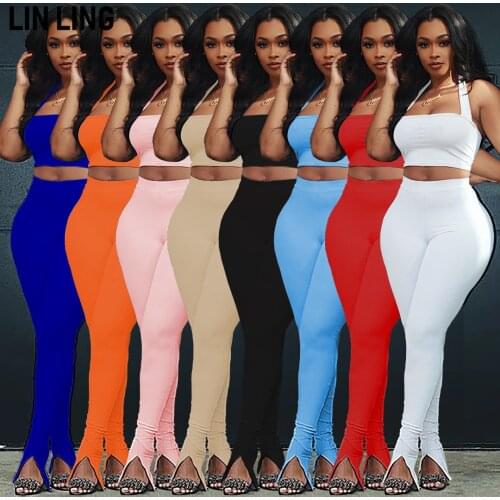 LINLING Womens 2 Piece Outfits for Women Ruffles High Waist Wide Leg Long Pant Halter Neck Strap Crop Top Sets