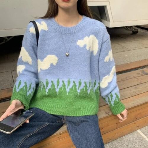 Womens round neck loose warm and comfortable sweater casual long-sleeved cloud grass print knitted pullover tops