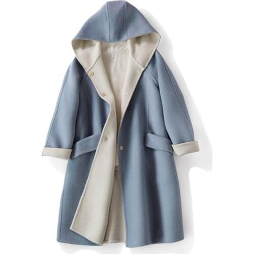 Mozuleva Winter Pop Elegant Womens Two-Tone Double-Faced Woolen Mid-Length Wool Overcoat Hooded Dark Buckle Woolen Coat Women