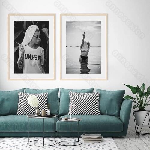 Nordic Style Frameless Canvas Black and White Poster Sexy Feminist Woman In The Sea Water for Home Rooms Gallery Wall Decoration