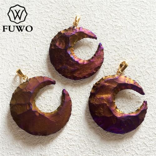 FUWO Fashion Rainbow Agates Pendant With Gold Bail Carved Crescentic Raw Quartz Titanium Jewelry Wholesale 5 pieces / lot PD225