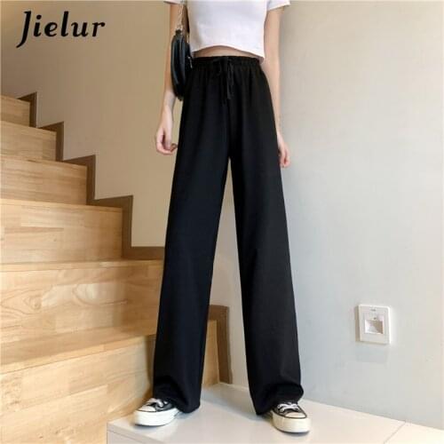 Jielur 2021 Autumn Basic Loose Wide Leg Pants Women Drawstring High Waist Sports Pants Street Casual Black Gray Trousers M-XXL