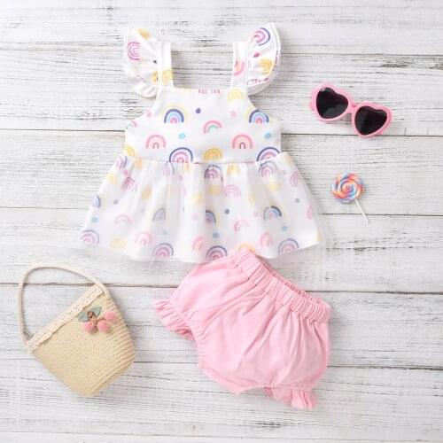 FOCUSNORM Summer Baby Girls Lovely Clothes Sets 2pcs Rainbow/Sun Printed Ruffles Fly Sleeve Lace Dress Tops Shorts