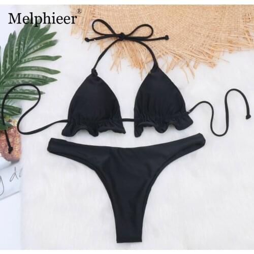 Micro Mini Bikini 2019 Sexy Thong Bikini Set Push Up Bathing Suit Women Ruffle Swimwear Swimsuit Women Black Halter Biquini NEW