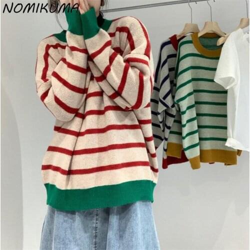 Nomikuma Fashion Hit Color Stripe Sweaters Causal Long Sleeve O-neck Pull Femme 2021 Autumn Winter Women Knitted Pullover 6Z471