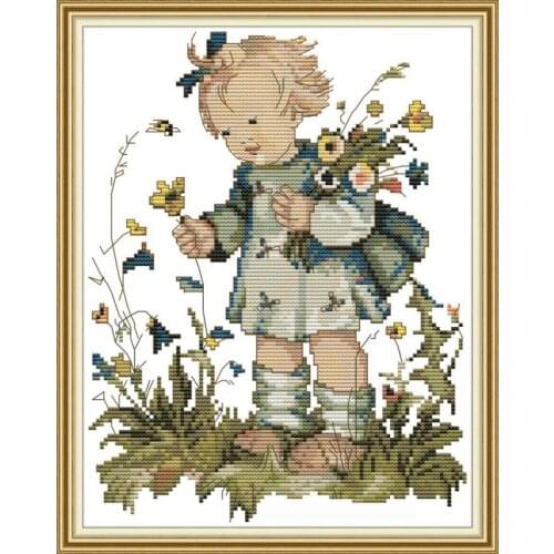 Little girl picking flowers DIY handmade cross stitch kit, 14ct unprinted canvas embroidery, counting cross stitch, needlework