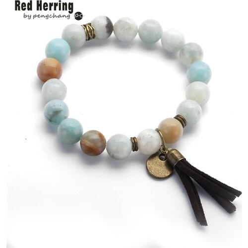 New Design Energy Bracelets Made By 10mm Antique Bronze Tassel Beautiful Natural Amazonite Stone Bracelet bangle