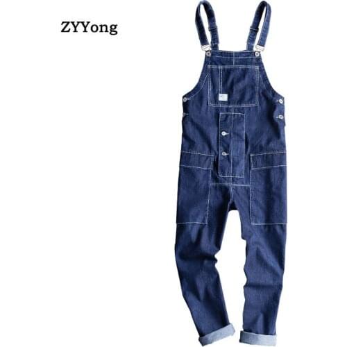 New Blue Loose Overalls Men Denim Jumpsuit Bib Japanese Fashion Jeans Hip Hop Big Pocket Cargo Pants Casual Trousers Clothing