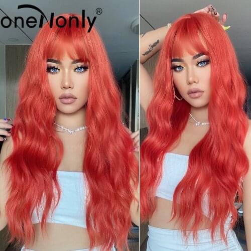 OneNonly Long Body Wave Ombre Purple Orange Synthetic Wigs with Bangs Loose Wave for Women Cosplay Natural Wig Heat Resistant