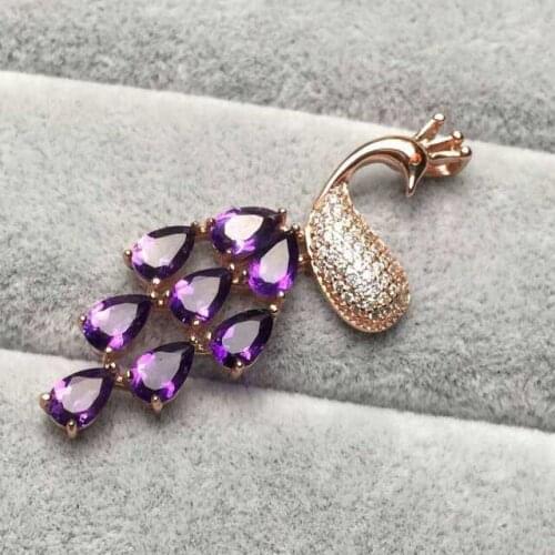 Natural amethyst Pendant natural crystal pendant necklace 925 sterling silver Elegant Lovely Peacock girl gift fine jewelery